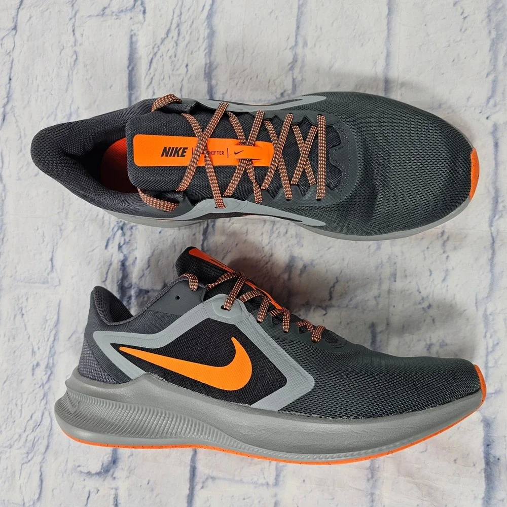 Nike Downshifter 10 Running Shoes Mens 9.5 Grey Black Orange Low Top Sneakers
